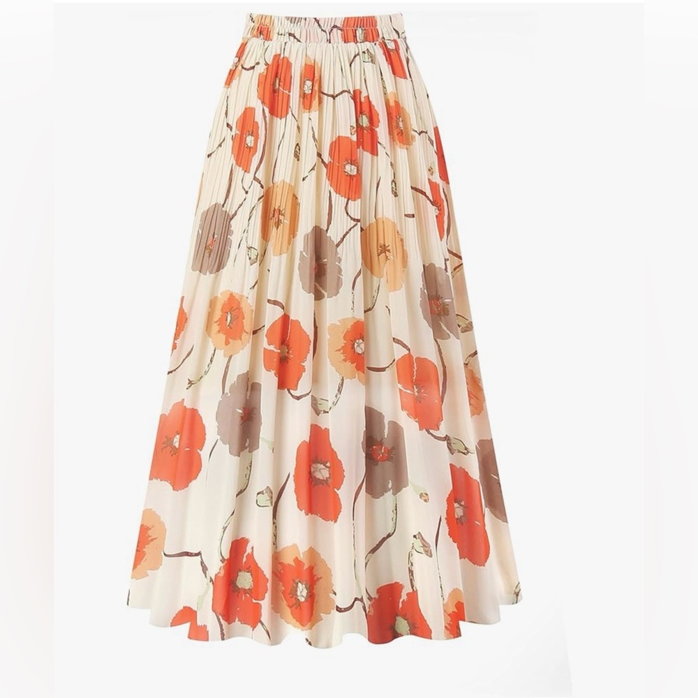 Floral Pleated Midi Skirt Size 2X – Ivory and Orange Floral